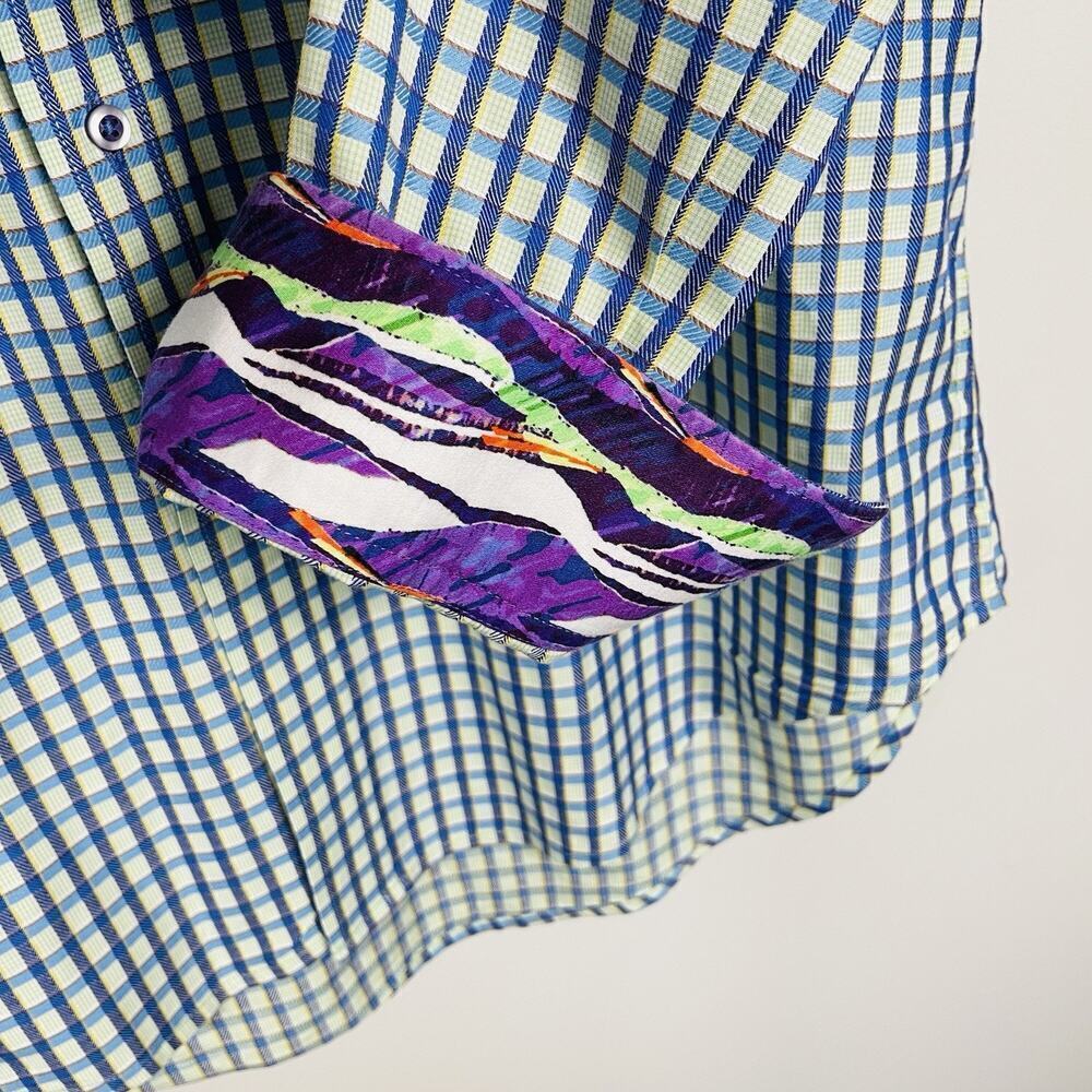 Robert Graham Flip Cuff Shirt Size Medium Blue Plaid Classic Colorful Preppy - Picture 4 of 14